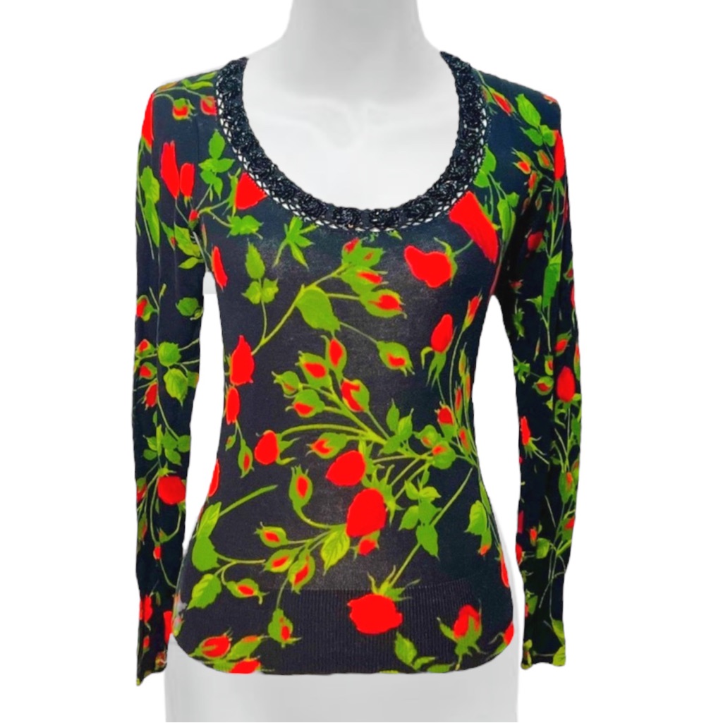 Dolce & Gabbana Xs Roses Red Beaded Neckline Trim Knitted Pullover Black Sweater
